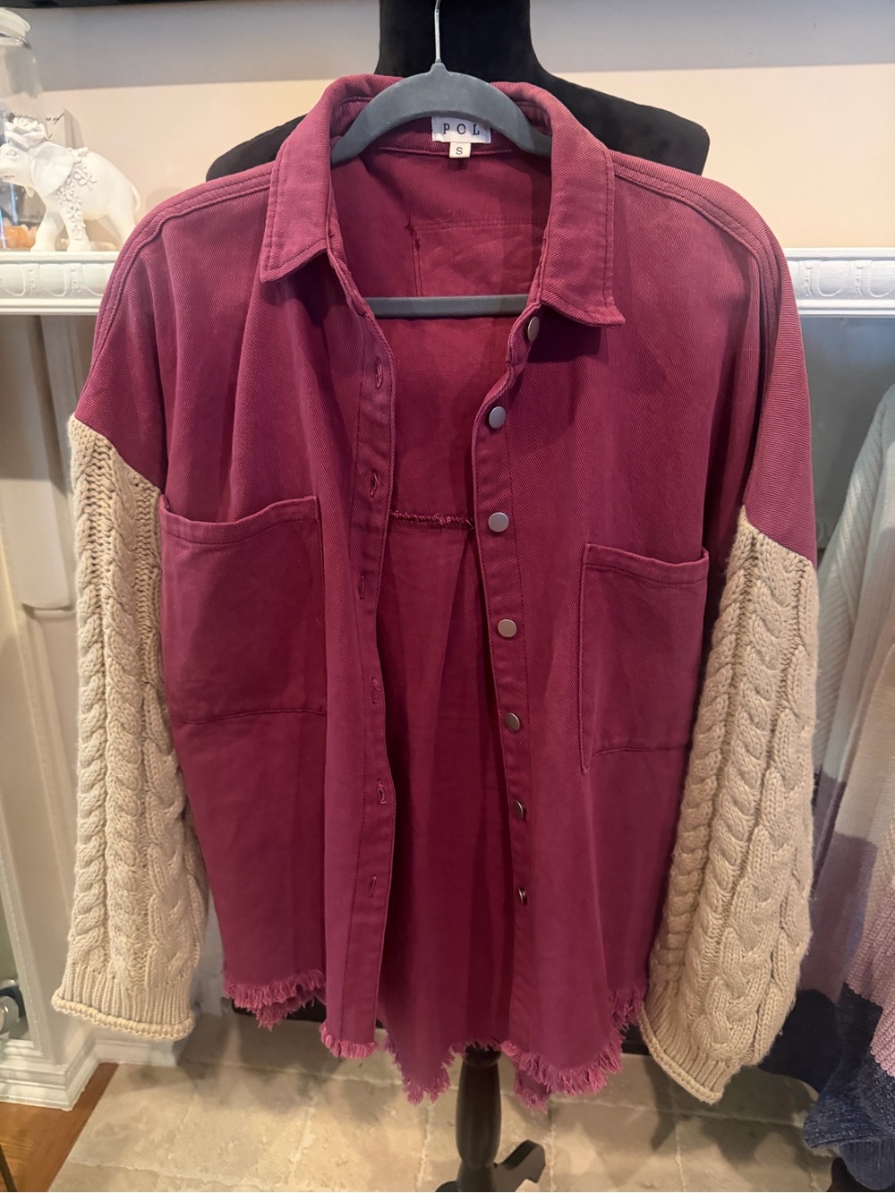 POL Two-Tone Button-Front Shirt Jacket in Rose Red with Cream Cable Sleeves
